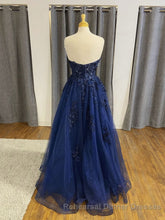 Dark Navy Long A-line Tulle Lace Backless Semi Formal Prom Dresses